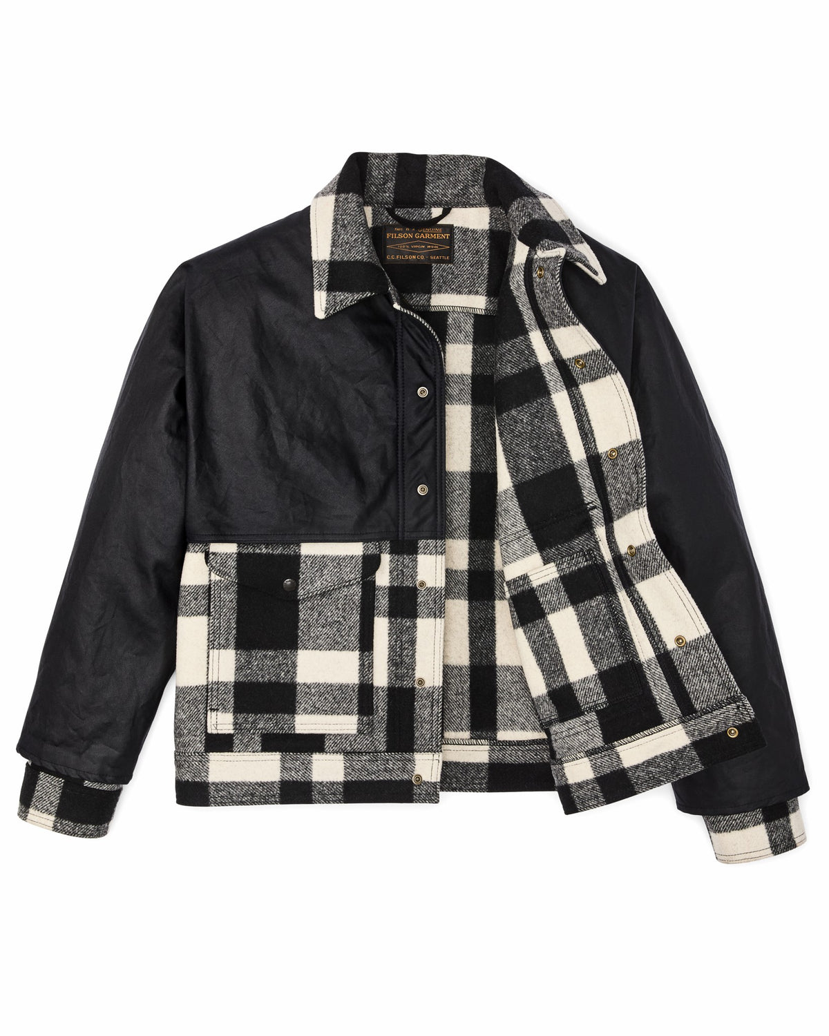 Men Filson Mackinaw Wool Caped Jacket - Natural Black Plaid / Navy