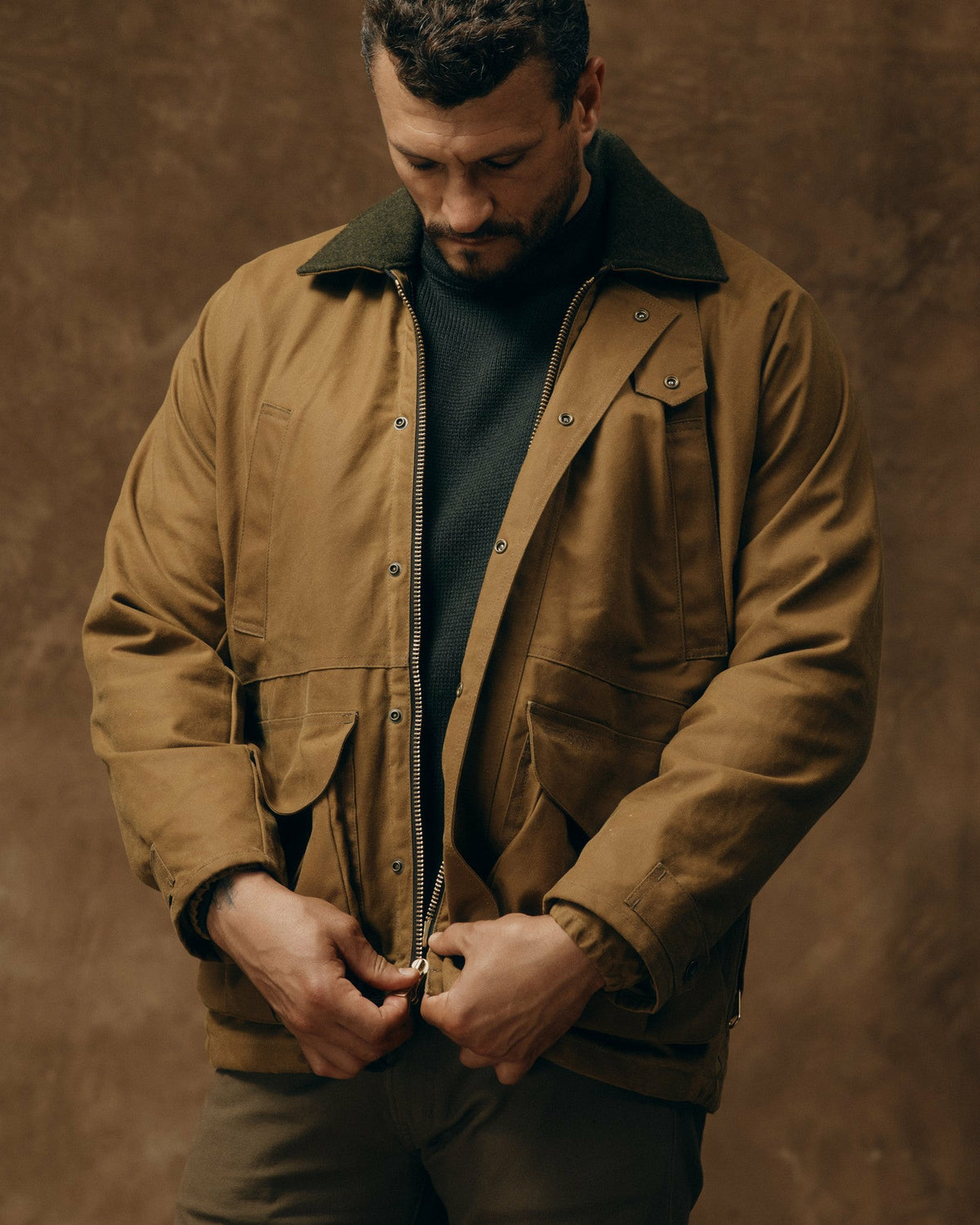 Men Filson Lined Tin Cloth Field Jacket - Dark Tan