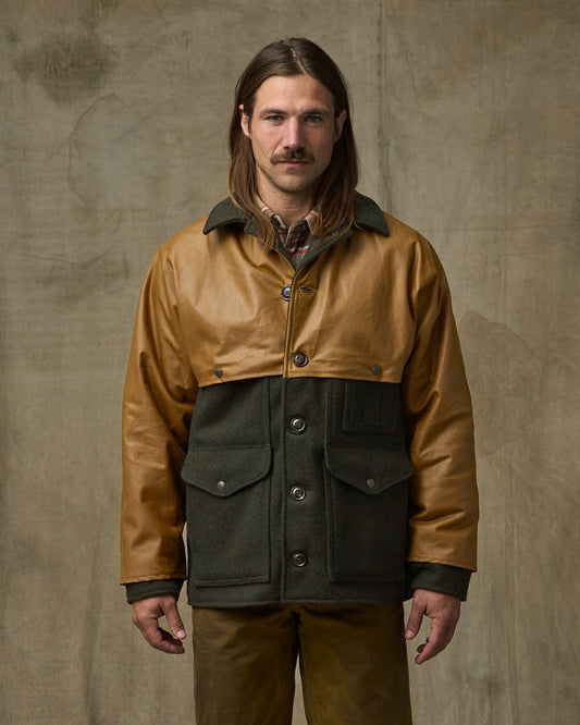 Men Filson Mackinaw Wool Caped Cruiser Jacket - Peat Black / Dark Tan