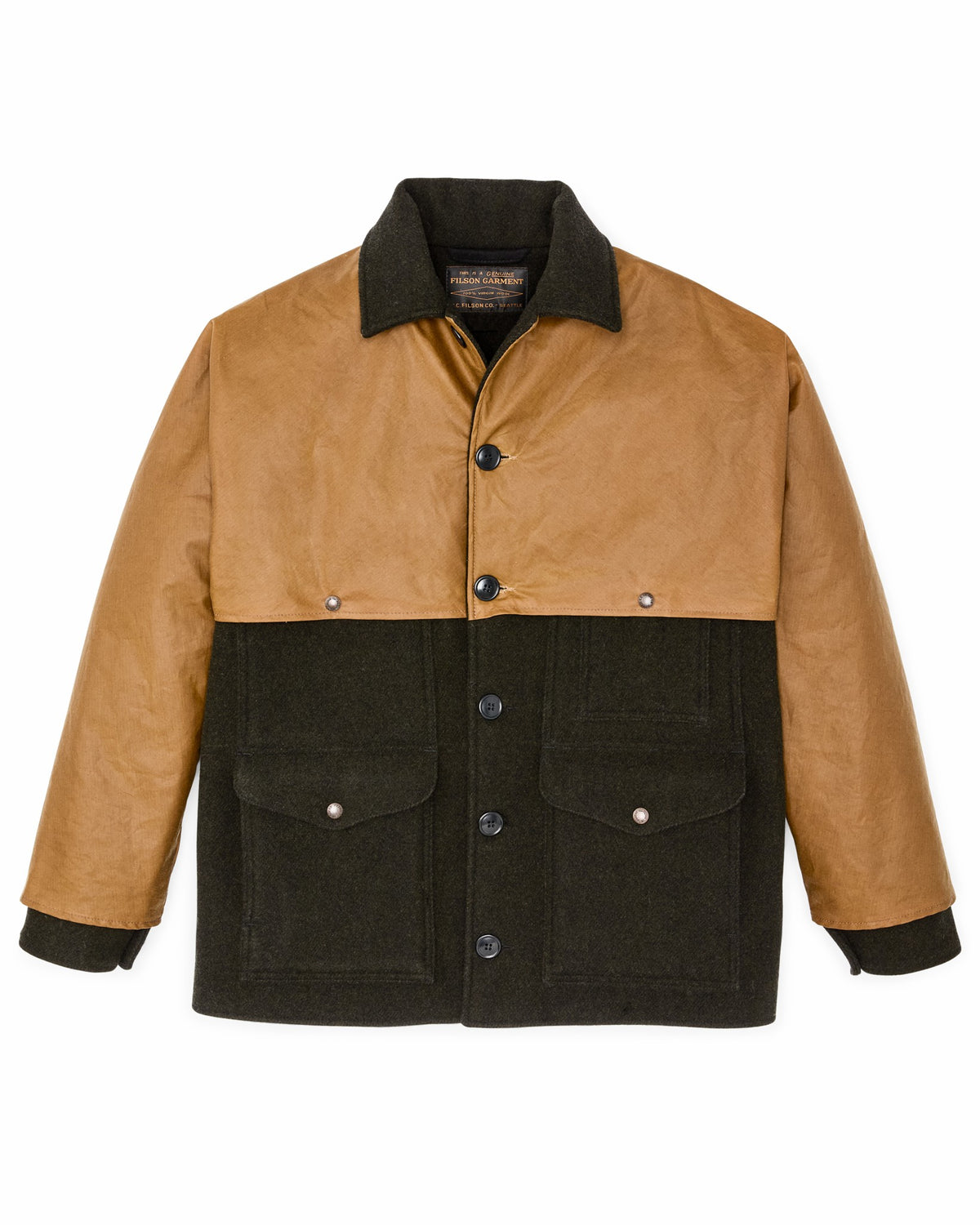 Men Filson Mackinaw Wool Caped Cruiser Jacket - Peat Black / Dark Tan