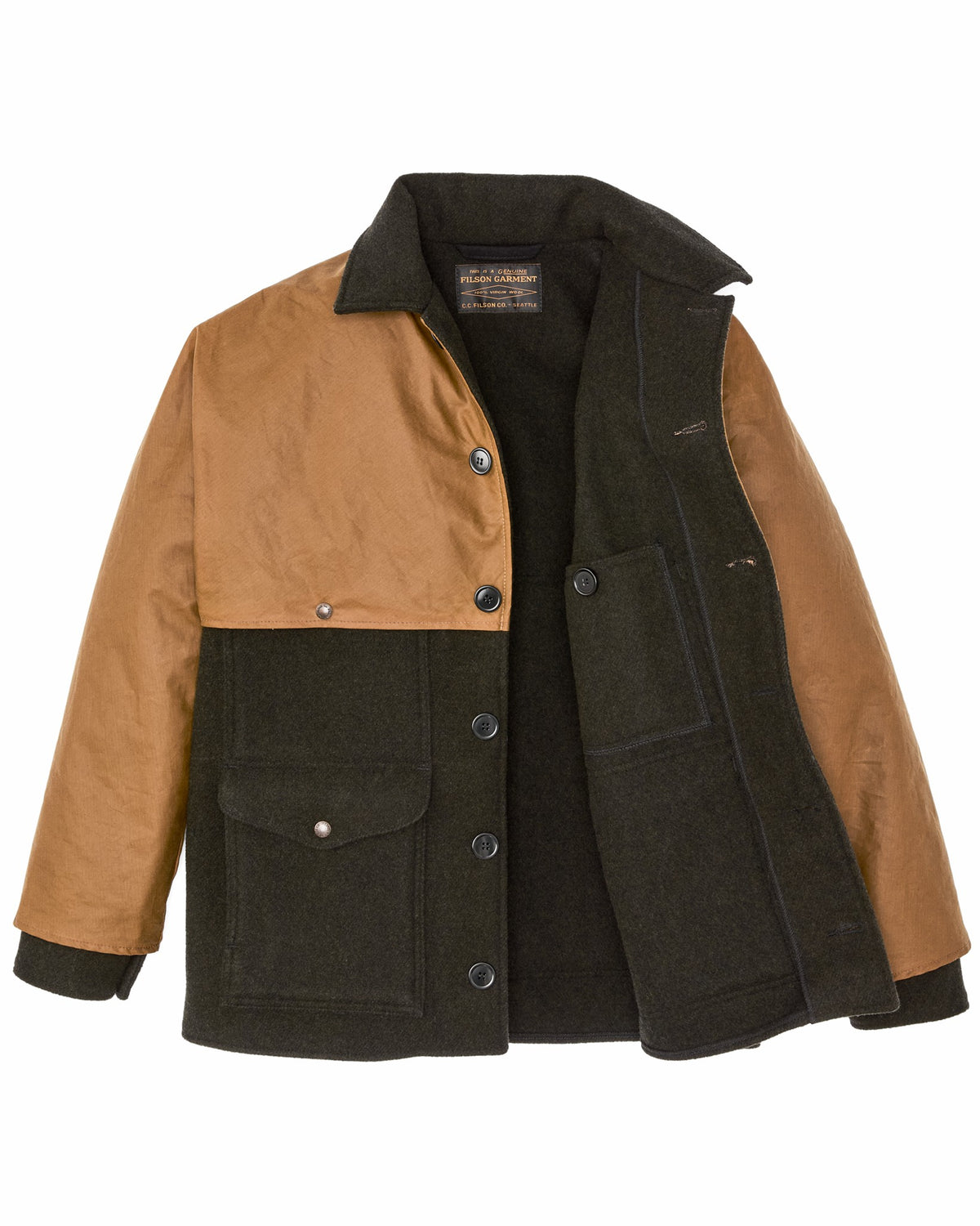 Men Filson Mackinaw Wool Caped Cruiser Jacket - Peat Black / Dark Tan