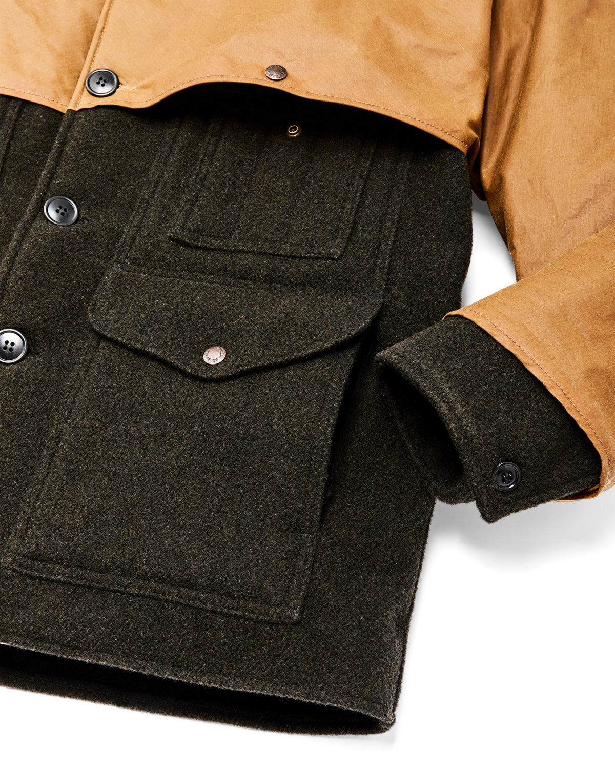 Men Filson Mackinaw Wool Caped Cruiser Jacket - Peat Black / Dark Tan