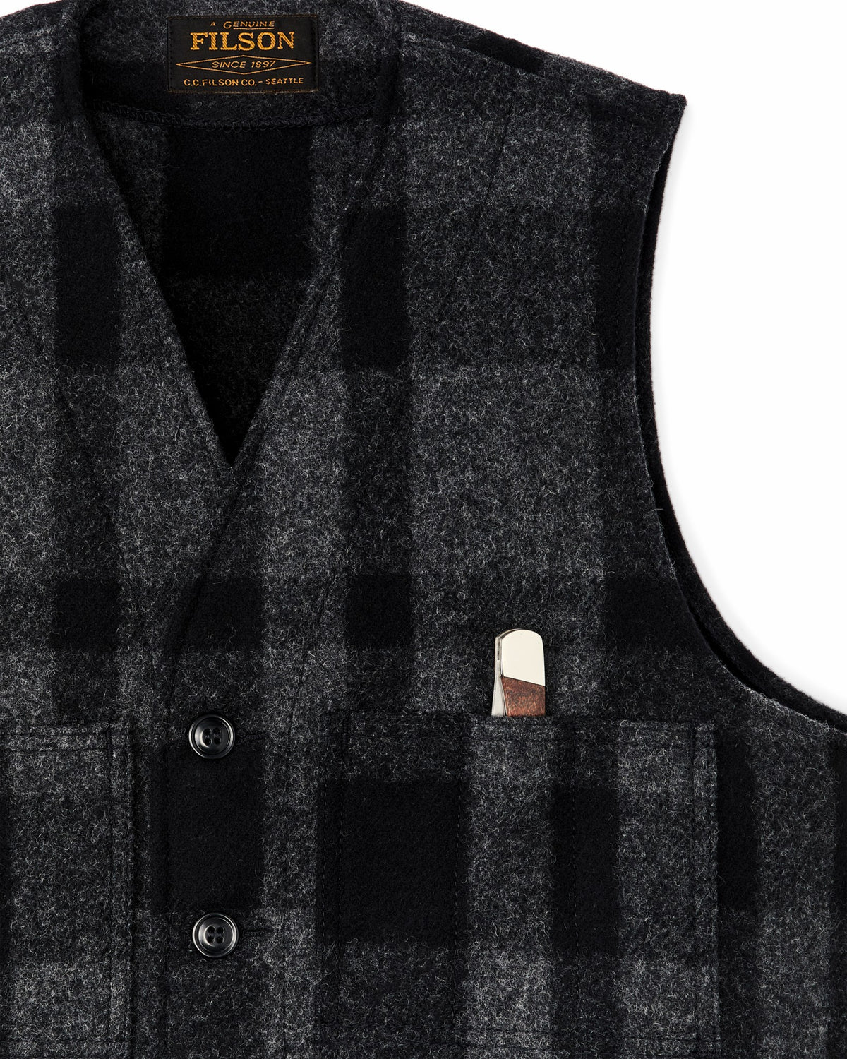 Men Filson Mackinaw Wool Vest - Charcoal / Black Heritage Plaid