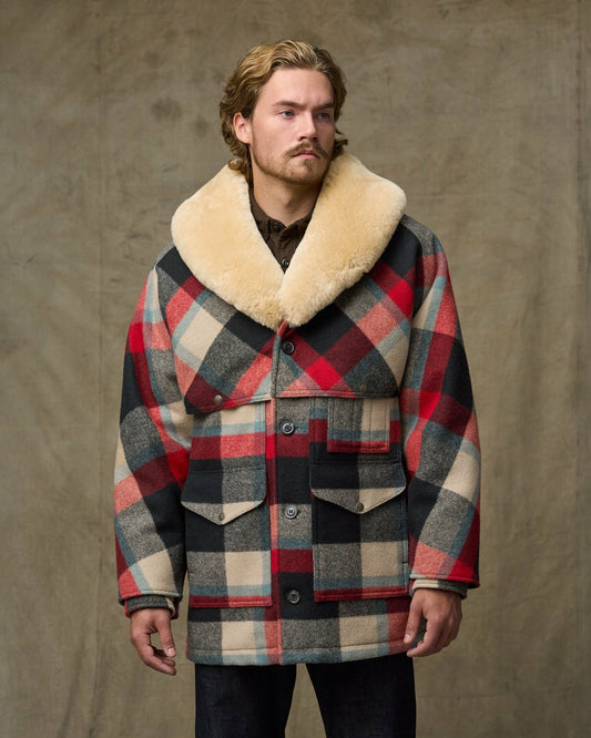 Men Filson Lined Mackinaw Wool Packer Coat - Red / Cream / Blue Plaid