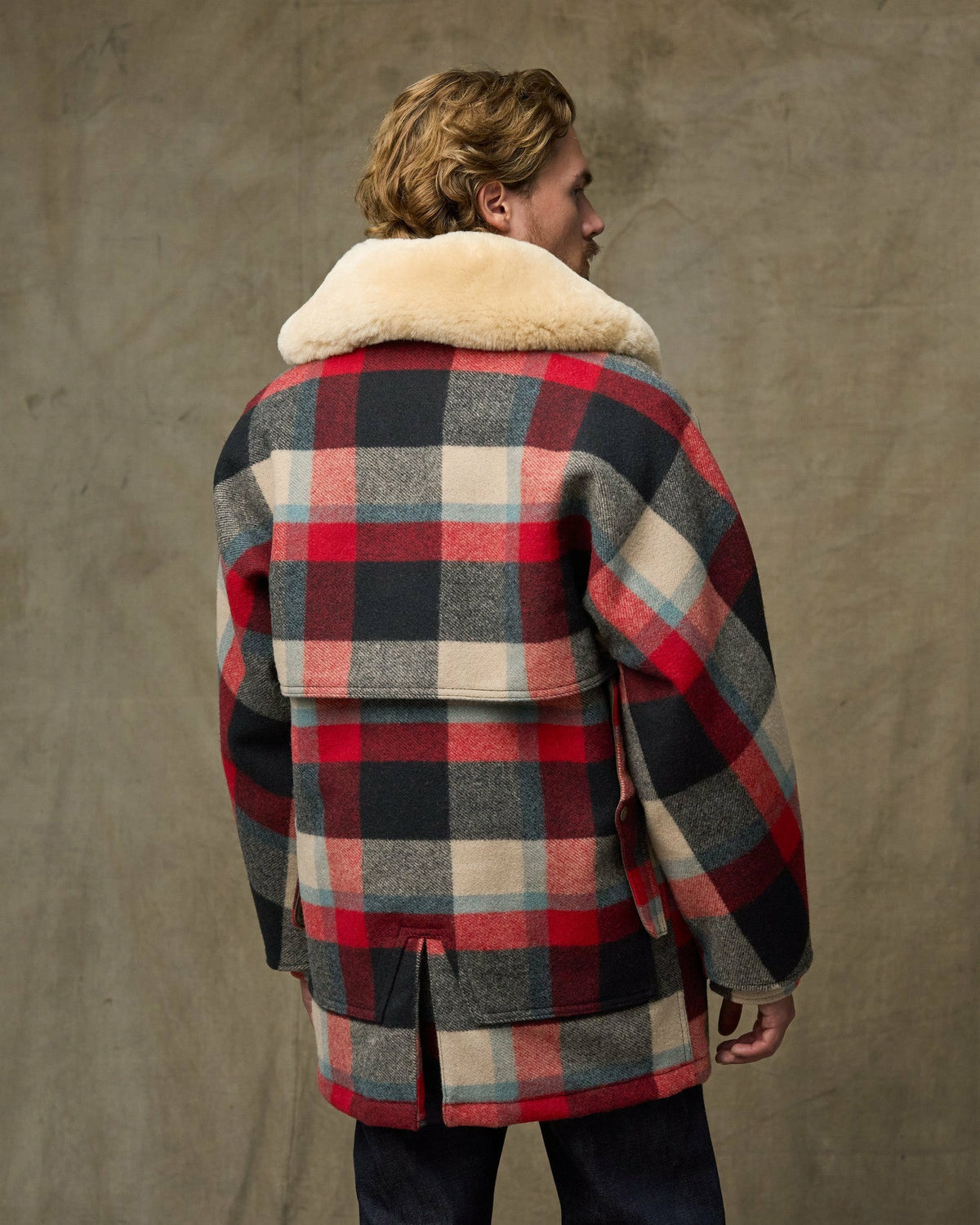 Men Filson Lined Mackinaw Wool Packer Coat - Red / Cream / Blue Plaid