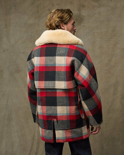 Men Filson Lined Mackinaw Wool Packer Coat - Red / Cream / Blue Plaid
