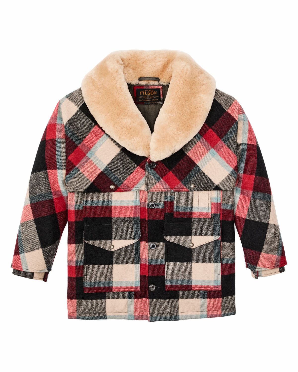 Men Filson Lined Mackinaw Wool Packer Coat - Red / Cream / Blue Plaid