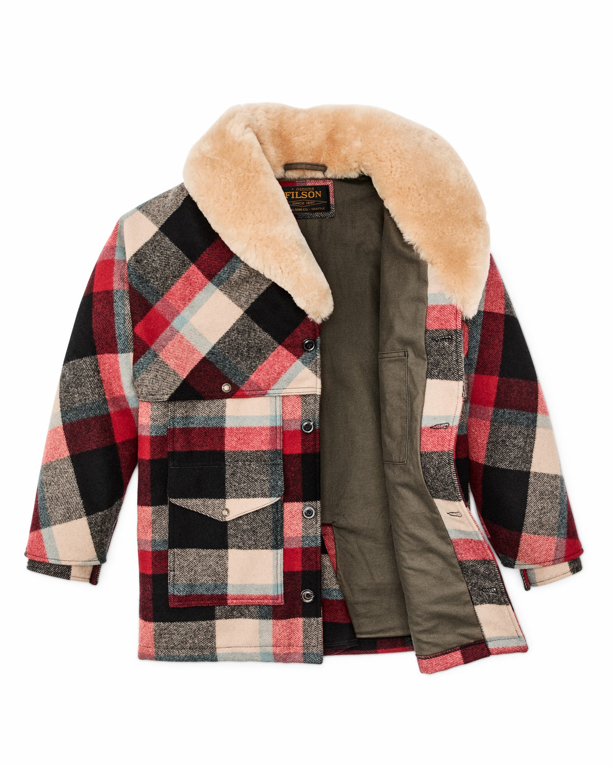 Men Filson Lined Mackinaw Wool Packer Coat - Red / Cream / Blue Plaid