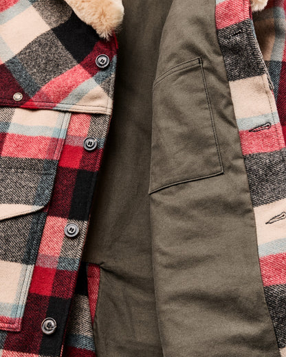 Men Filson Lined Mackinaw Wool Packer Coat - Red / Cream / Blue Plaid