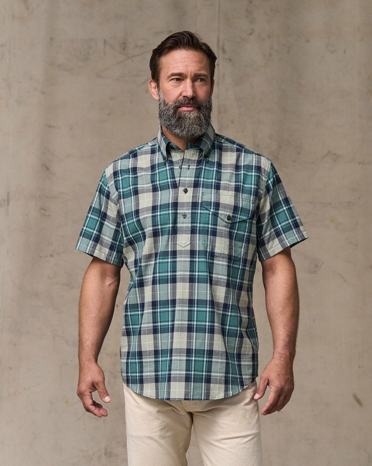 Men Filson Short Sleeve Madras Popover Shirt - Gray / Teal Multicolor