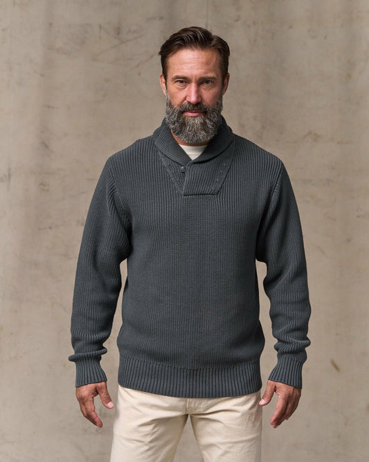 Men Filson Vintage Cotton Shawl Neck Sweater - Charcoal