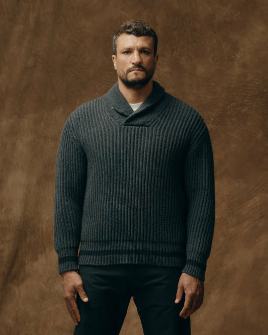Men Filson Bristol Shawl Neck Sweater - Gray Heather / Dark Charcoal Stripe