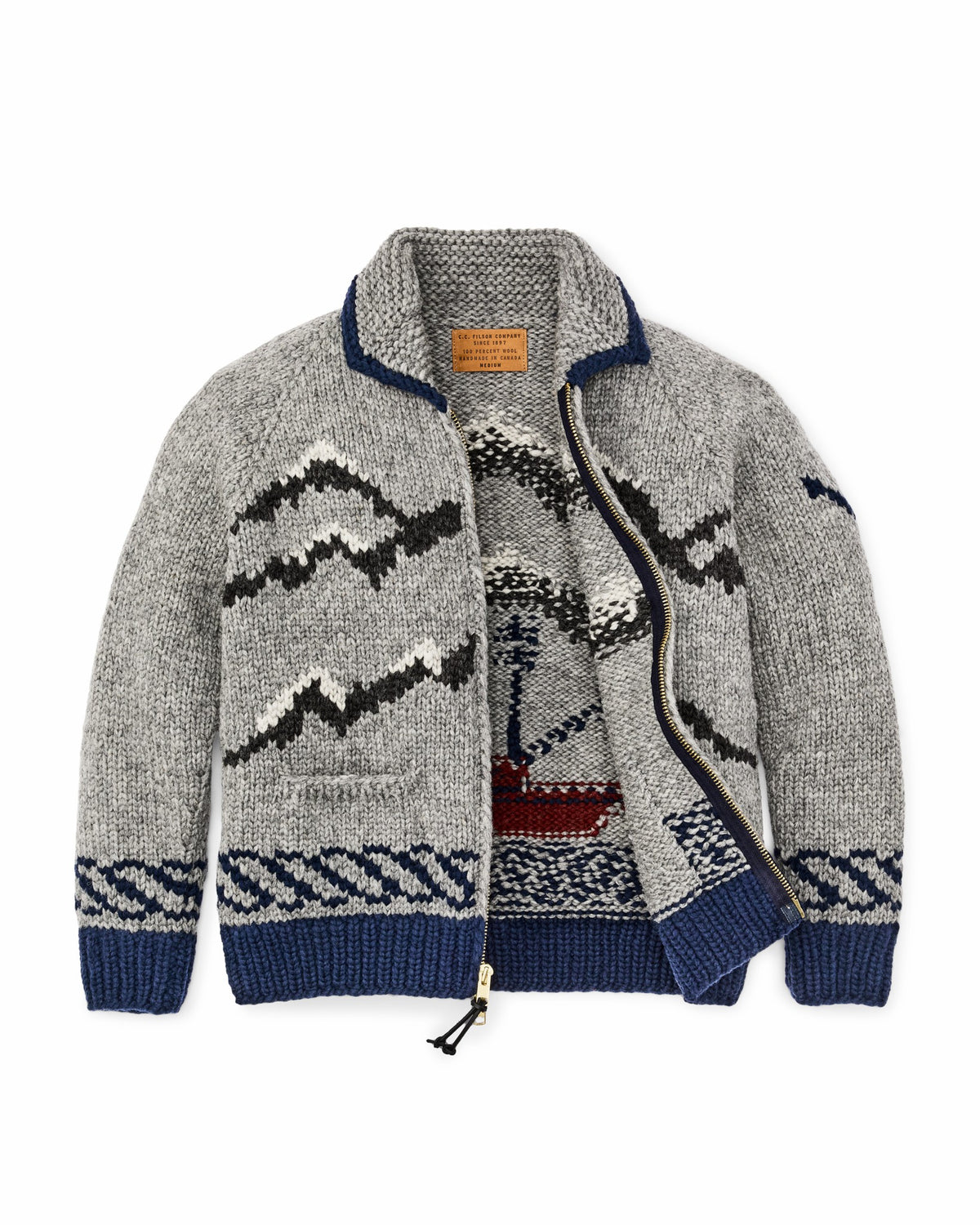 Men Filson Handmade Full-zip Sweater - Heather Gray / Fishing Boat