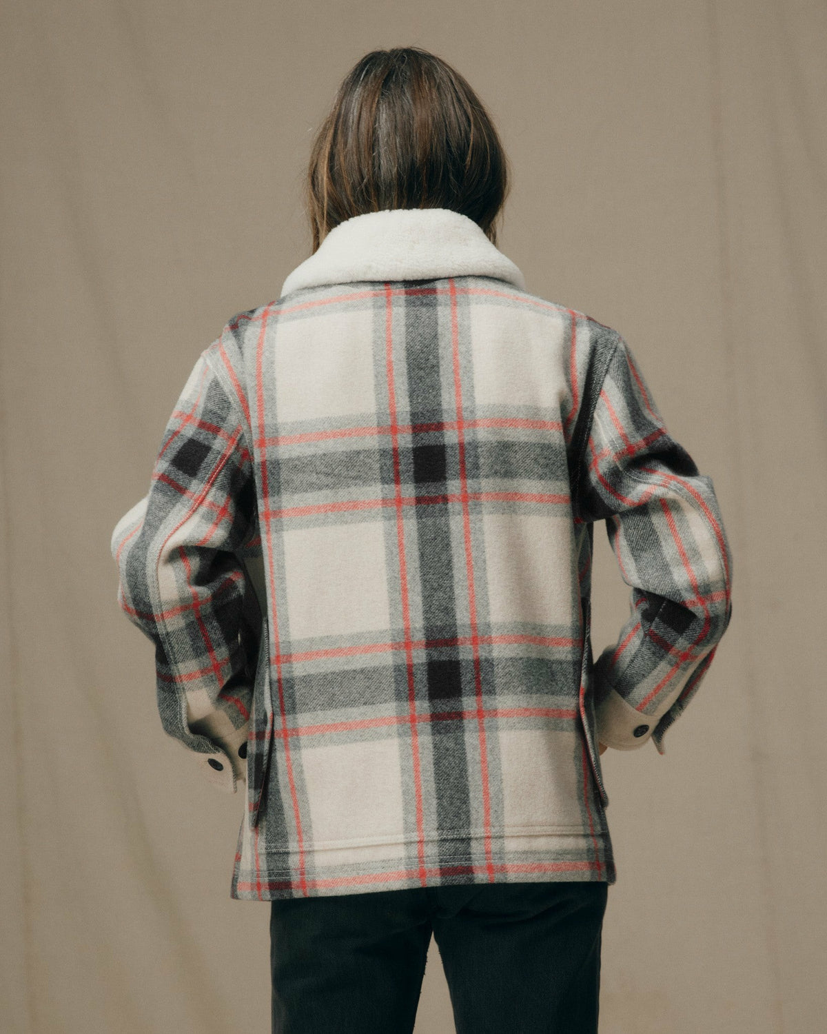 Women Filson Women's Mackinaw Wool Shearling Cruiser Jacket - Cream / Red / Black Plaid