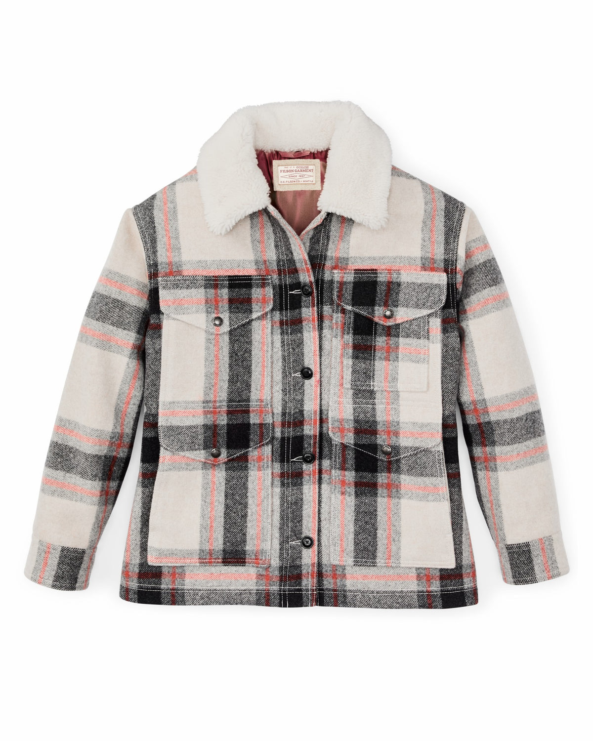 Women Filson Women's Mackinaw Wool Shearling Cruiser Jacket - Cream / Red / Black Plaid