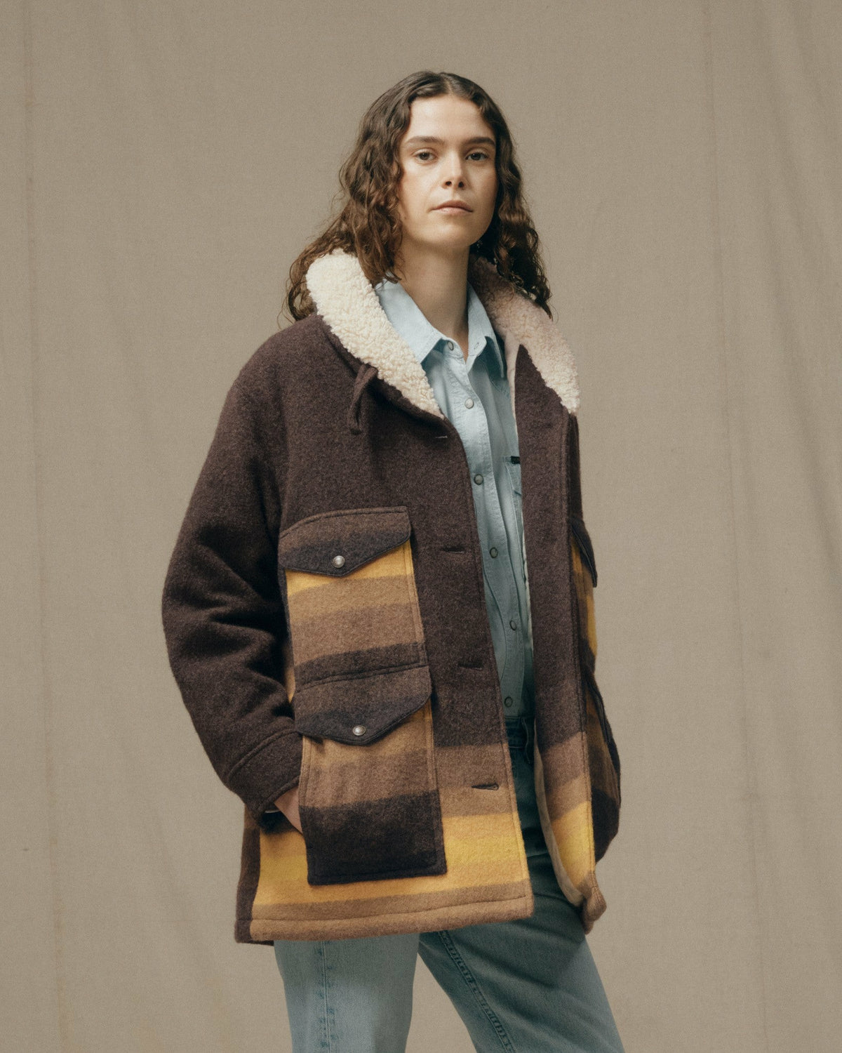 Women Filson Women's Kodiak Shawl Collar Coat - Brown / Yellow Stripe