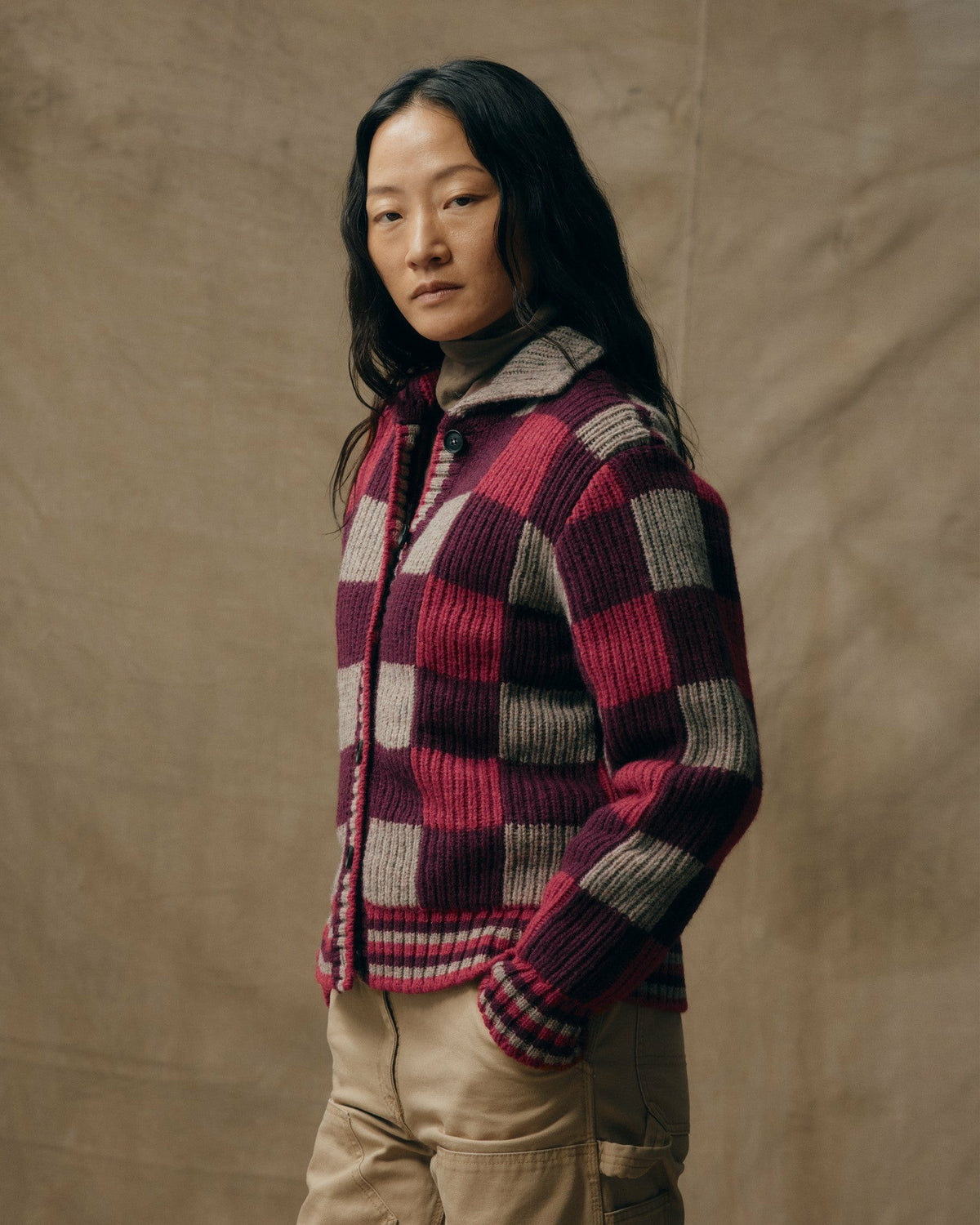 Women Filson Women's Checkered Wool Cardigan - Burgundy / Gray Check