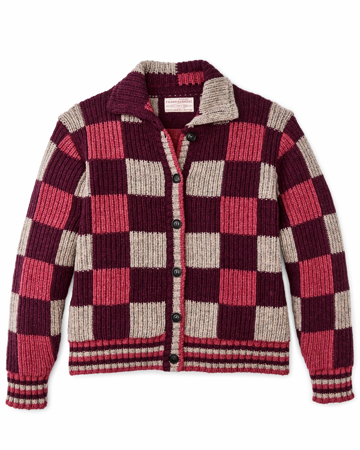 Women Filson Women's Checkered Wool Cardigan - Burgundy / Gray Check