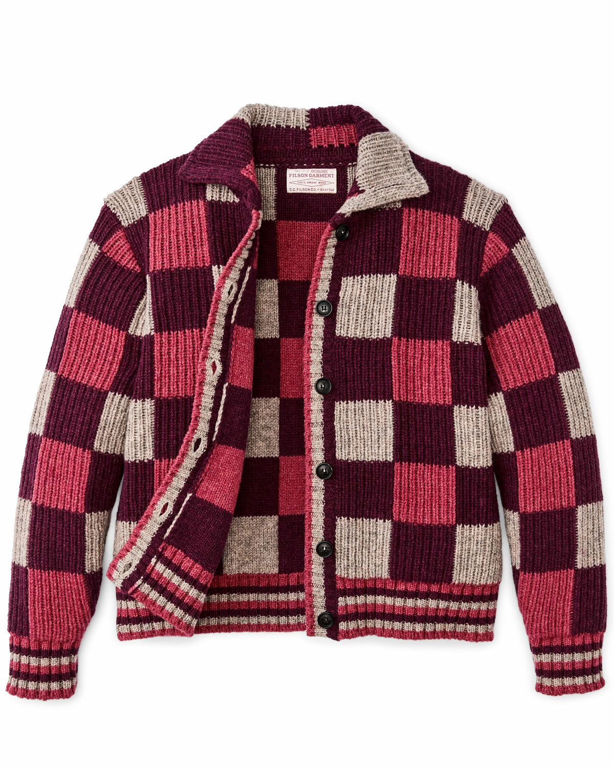 Women Filson Women's Checkered Wool Cardigan - Burgundy / Gray Check